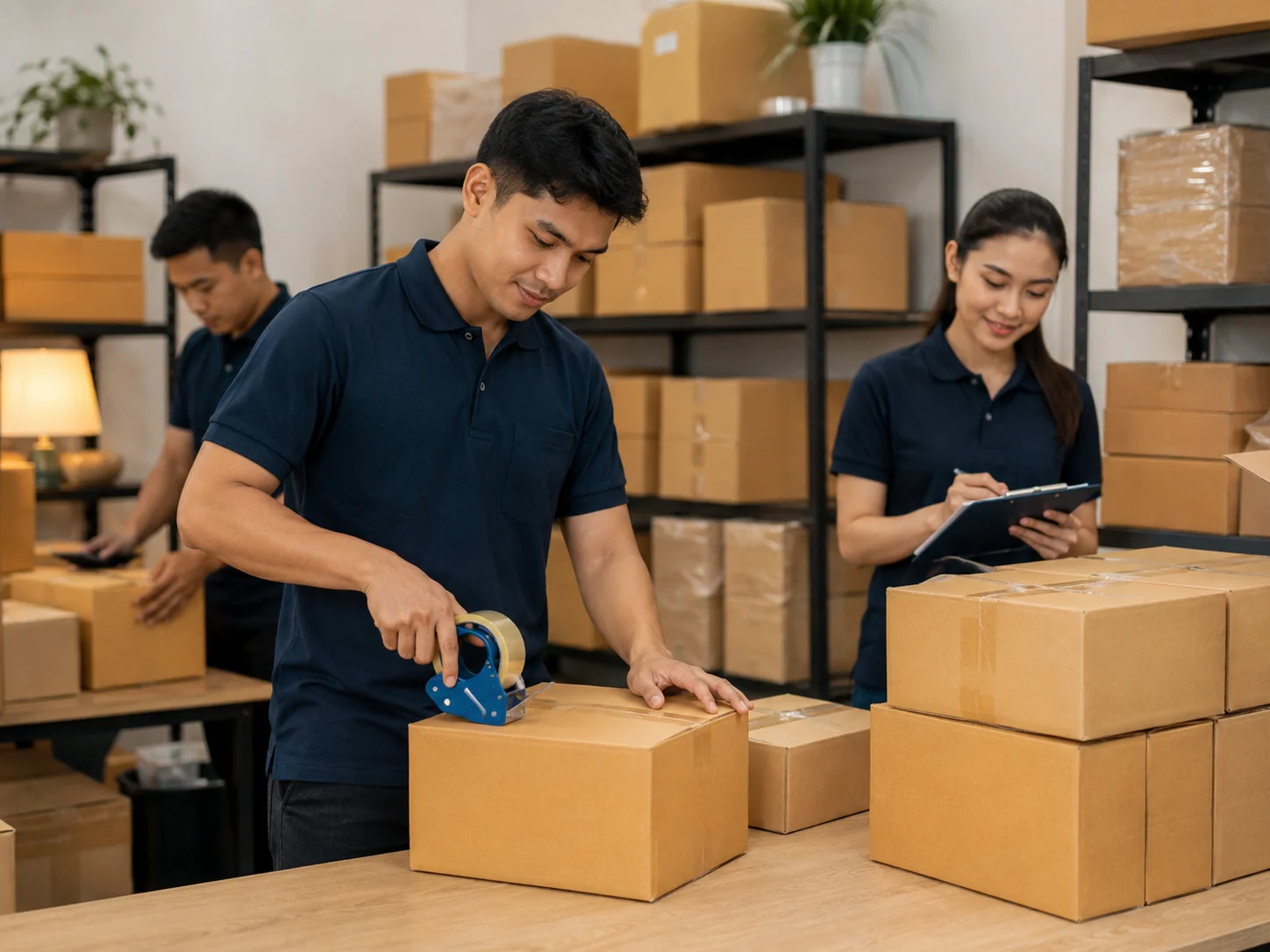 Staff preparing cargo boxes for shipment